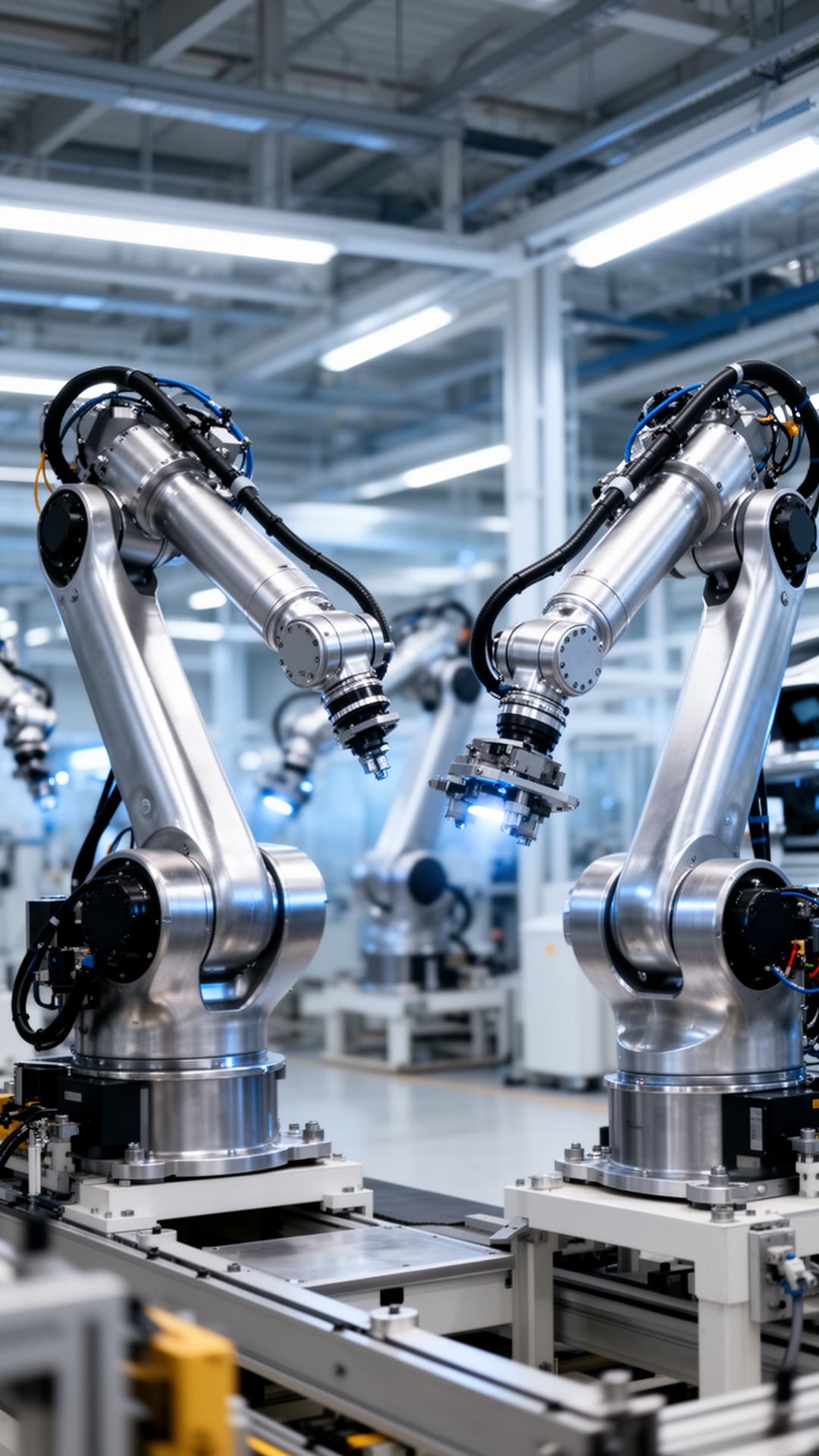Industrial robotic arms on an automated manufacturing line